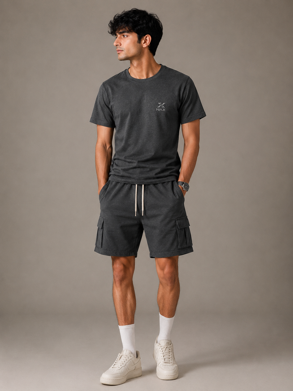 Premium 100% Cotton Cargo Shorts Co-Ord In Charcoal Black