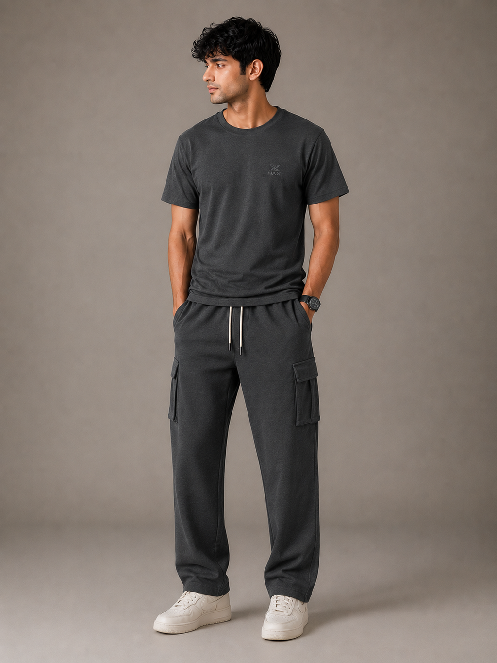 Premium 100% Cotton Cargo Trouser Co-Ord In Charcoal Black