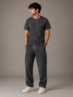 Premium 100% Cotton Cargo Trouser Co-Ord In Charcoal Black