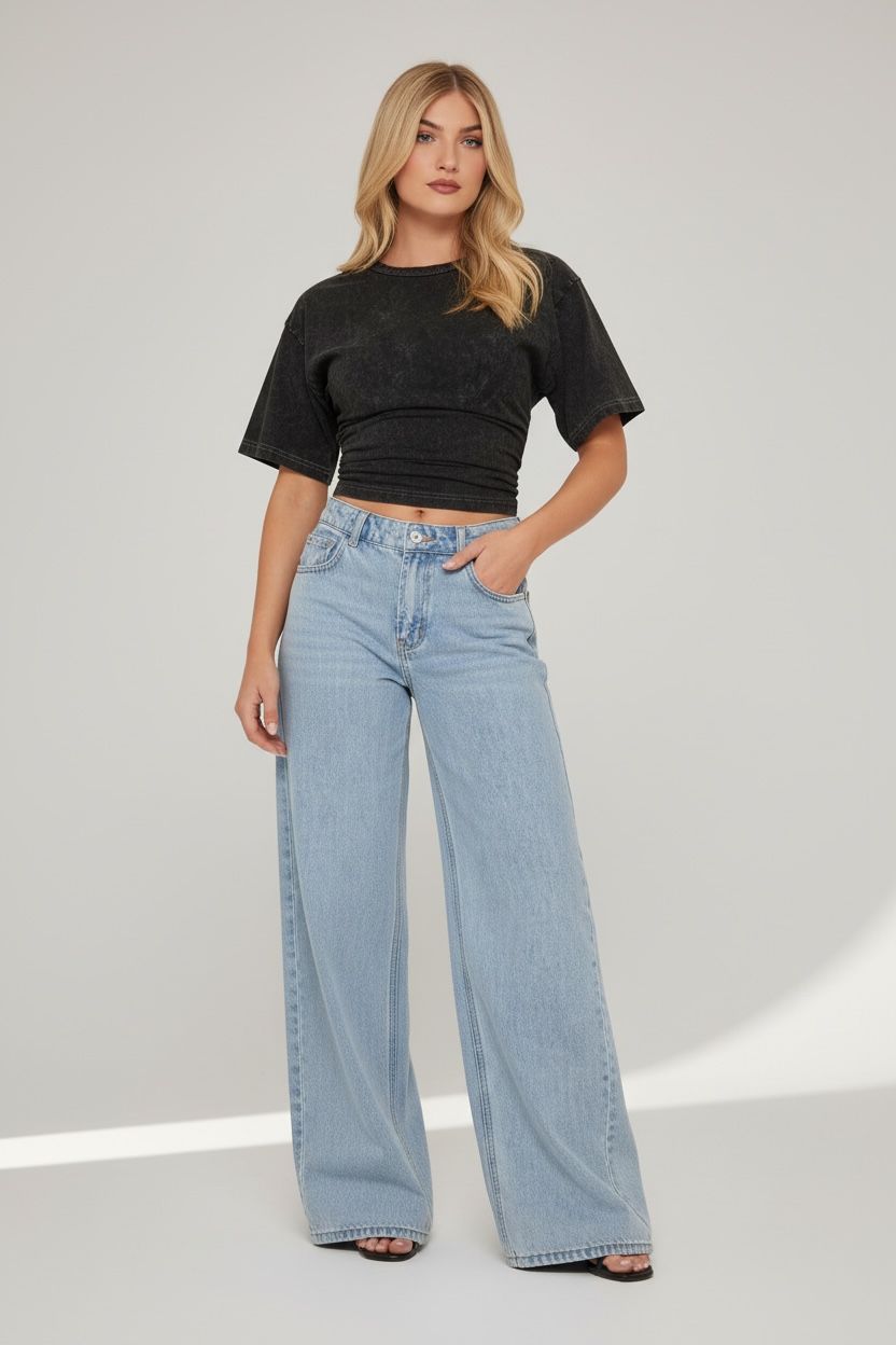 Short Sleeve Cinched Waist Fitted T-Shirt In Black Acid Wash