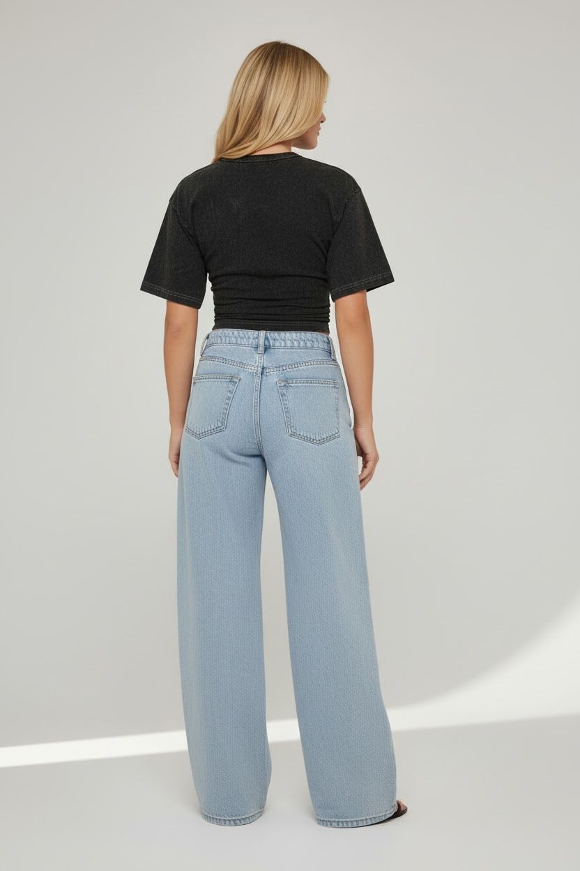 Short Sleeve Cinched Waist Fitted T-Shirt In Black Acid Wash