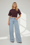 Short Sleeve Cinched Waist Fitted T-Shirt In Acid Wash