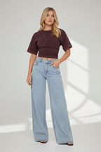 Short Sleeve Cinched Waist Fitted T-Shirt In Acid Wash