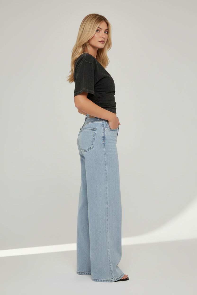 Short Sleeve Cinched Waist Fitted T-Shirt In Acid Wash