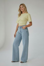 Short Sleeve Cinched Waist Fitted T-Shirt In Acid Wash