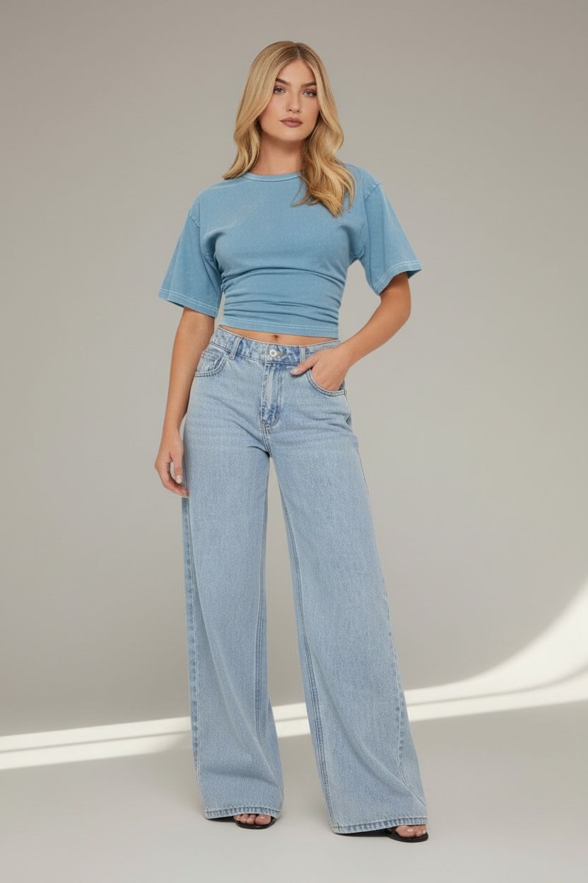 Short Sleeve Cinched Waist Fitted T-Shirt In Acid Wash