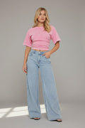 Short Sleeve Cinched Waist Fitted T-Shirt In Acid Wash