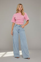 Short Sleeve Cinched Waist Fitted T-Shirt In Acid Wash