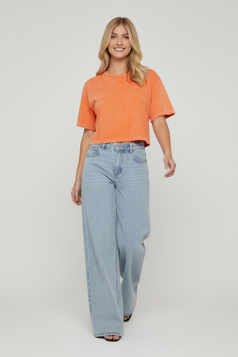 Short Sleeve Cinched Waist Fitted T-Shirt In Acid Wash