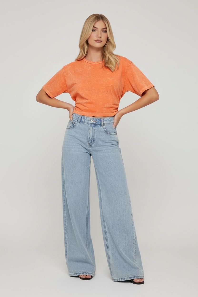 Short Sleeve Cinched Waist Fitted T-Shirt In Acid Wash