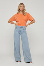Short Sleeve Cinched Waist Fitted T-Shirt In Acid Wash