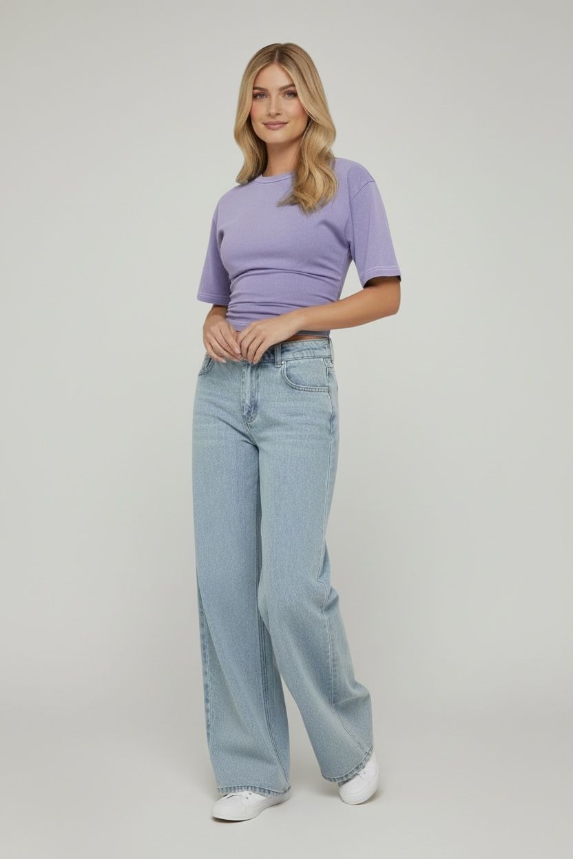 Short Sleeve Cinched Waist Fitted T-Shirt In Acid Wash