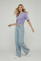 Short Sleeve Cinched Waist Fitted T-Shirt In Acid Wash
