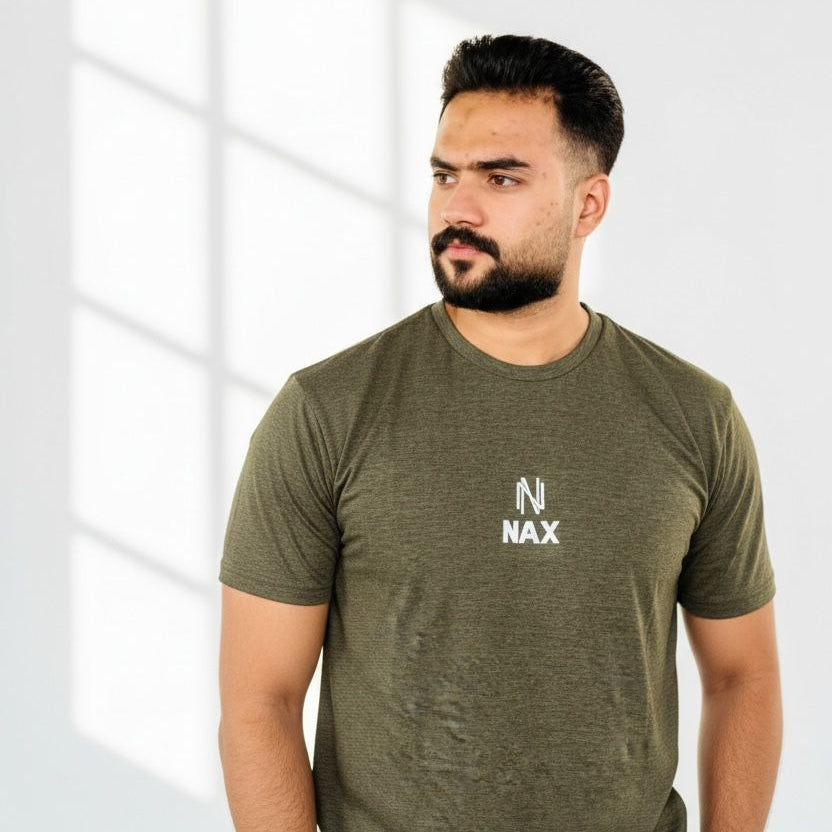 NAX Signature Embroidered Logo Premium Olive Green T-Shirt – Soft Breathable Modern Fit