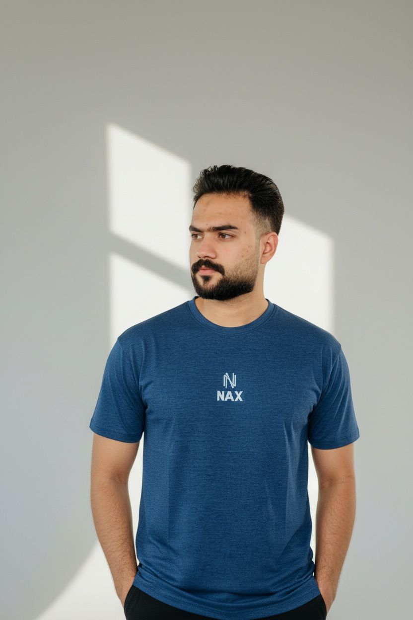 NAX Signature Embroidered Logo Premium Blue T-Shirt – Soft Breathable Modern Fit