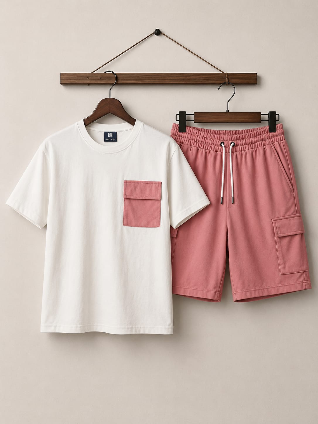 Men's Premium Cotton Jersey T-Shirt & Cotton Terry Cargo Shorts Co-Ord Set – White & Dusty Pink