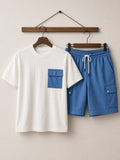 Men's Premium Cotton Jersey T-Shirt & Cotton Terry Cargo Short Co-Ord Set – White & Sky Blue