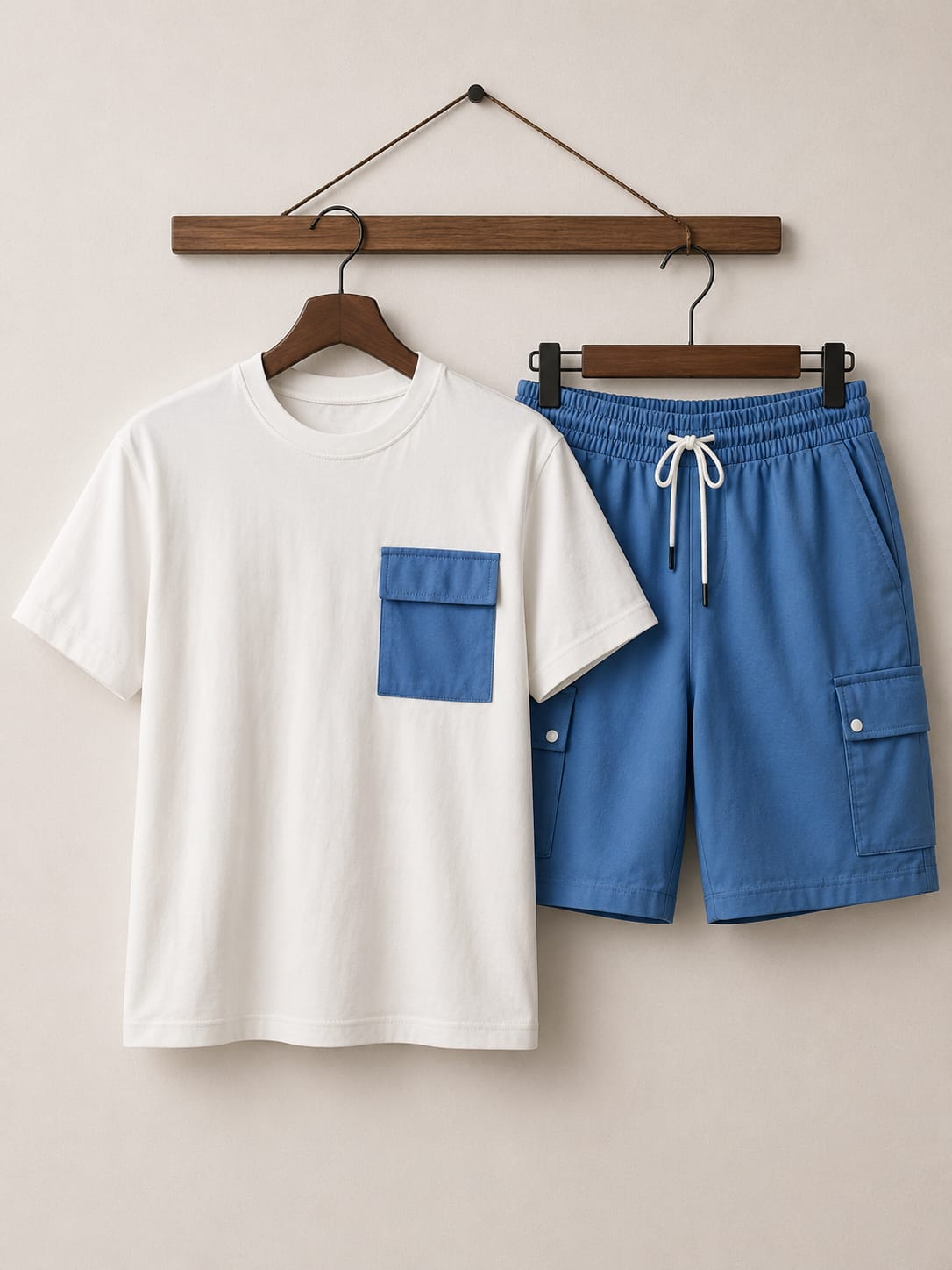 Men's Premium Cotton Jersey T-Shirt & Cotton Terry Cargo Short Co-Ord Set – White & Sky Blue