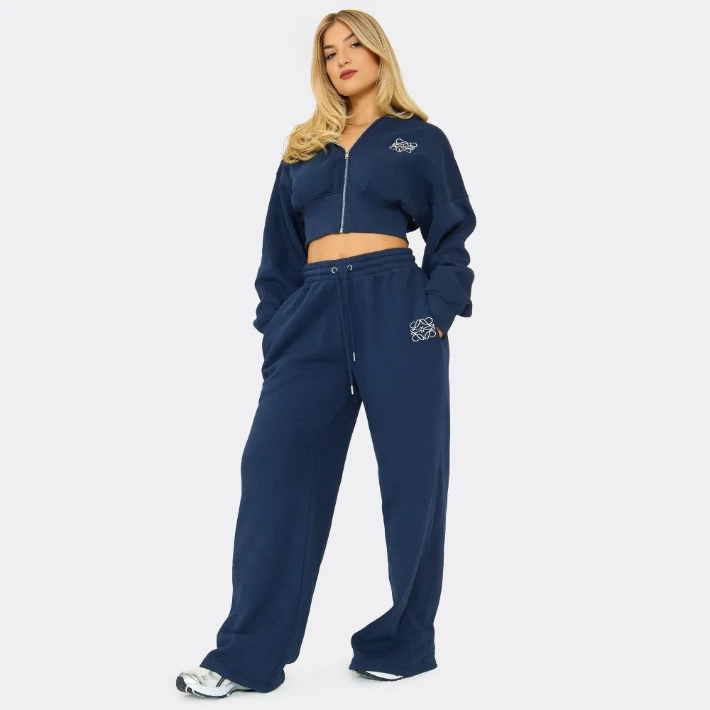 Navy Blue Swirl Graphic Cropped Hoodie & Straight Leg Joggers Set
