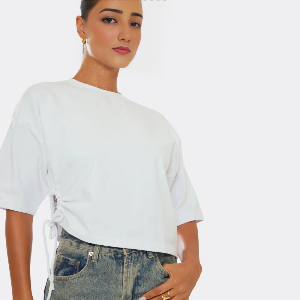 Tie Side Cut Out Detail Oversized T-Shirt – White