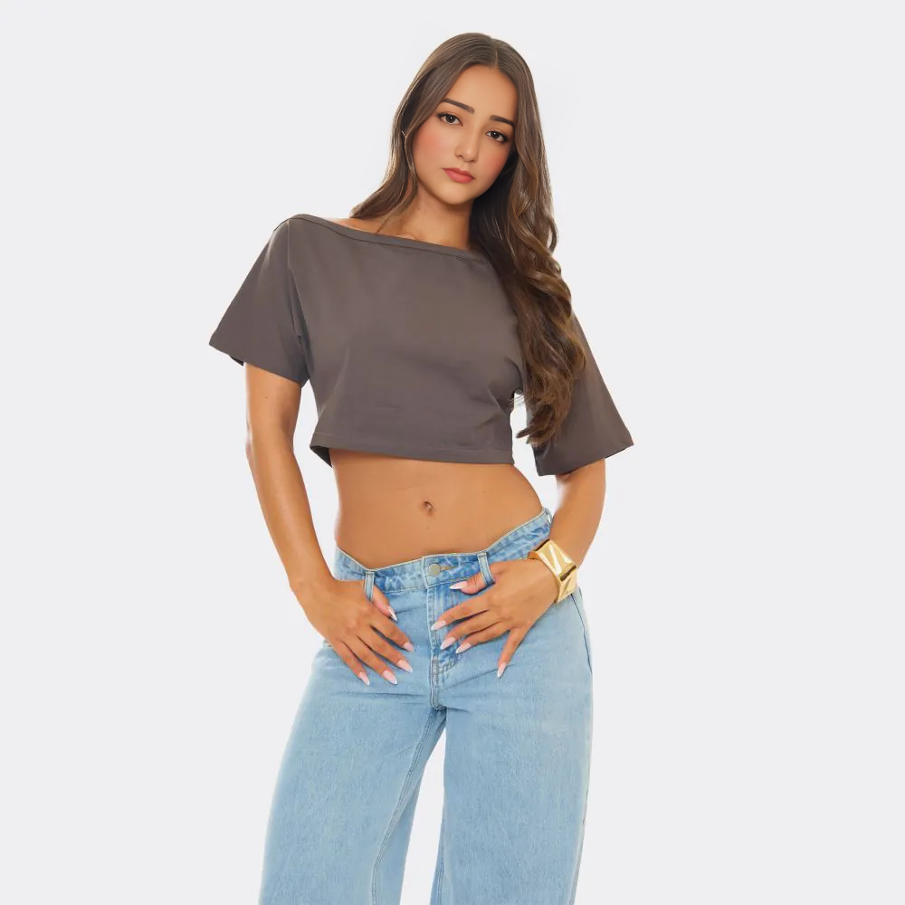 Short Sleeve Slash Neck Ruched Top – Brown