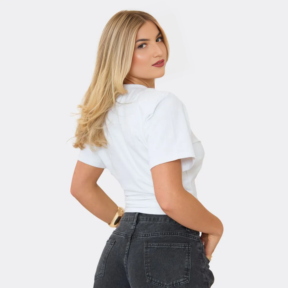 Short Sleeve Shoulder Pad Cinched Waist Detail Fitted T-Shirt – White