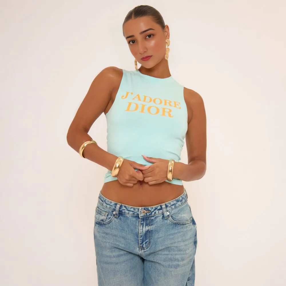 Racer Neck Slogan Print Detail Vest Top In Turquoise Blue