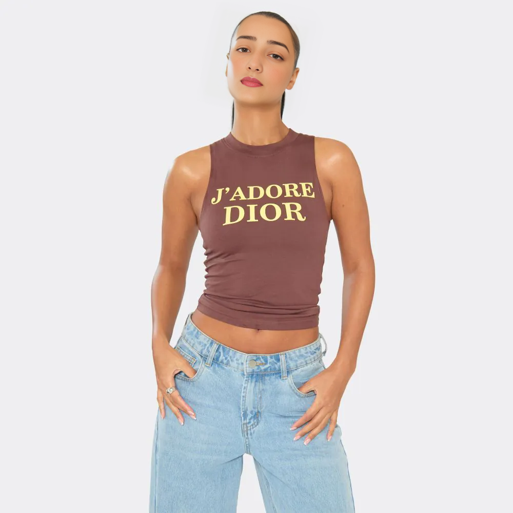 Racer Neck Slogan Print Detail Vest Top In Brown