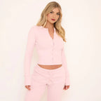 Ribbed Button Up Fitted Top & Drawstring Straight Leg Trousers Co-Ord Set – Pink