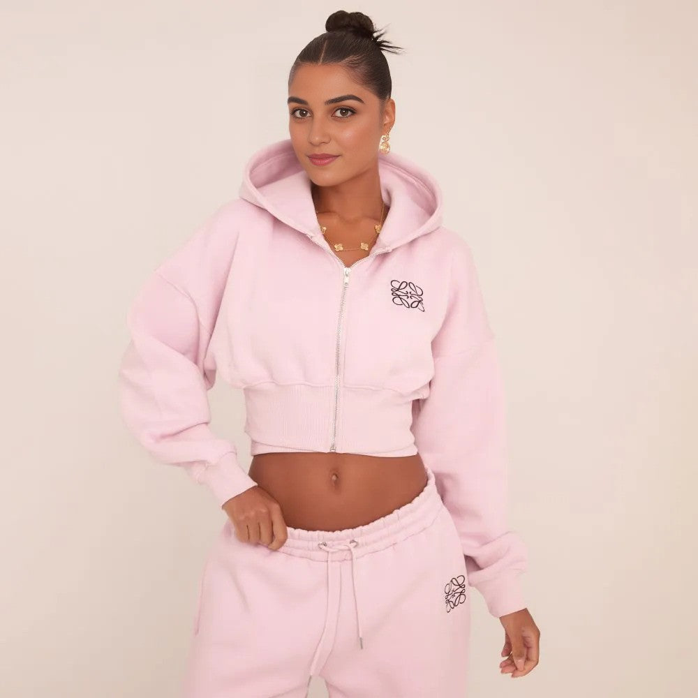 Swirl Graphic Detail Cropped Hoodie & Tie Waist Straight Leg Joggers Co-Ord Set – Pink