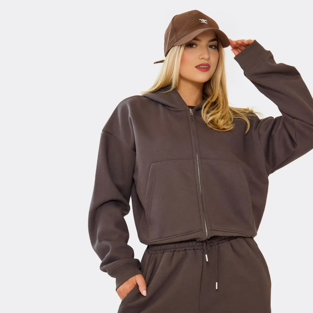 Chocolate Brown Wide Leg Joggers & Boxy Zip-Up Hoodie Set