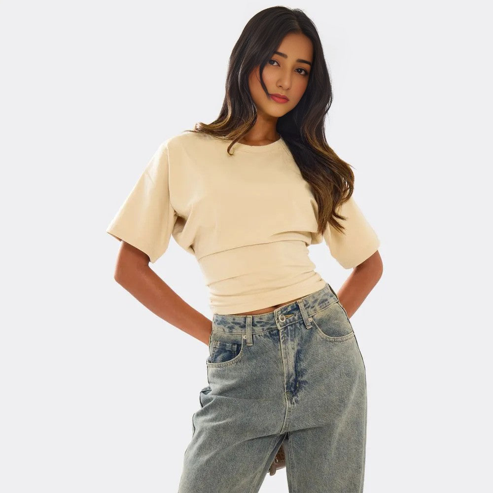 Short Sleeve Shaped Waist Fitted T-Shirt In Stone