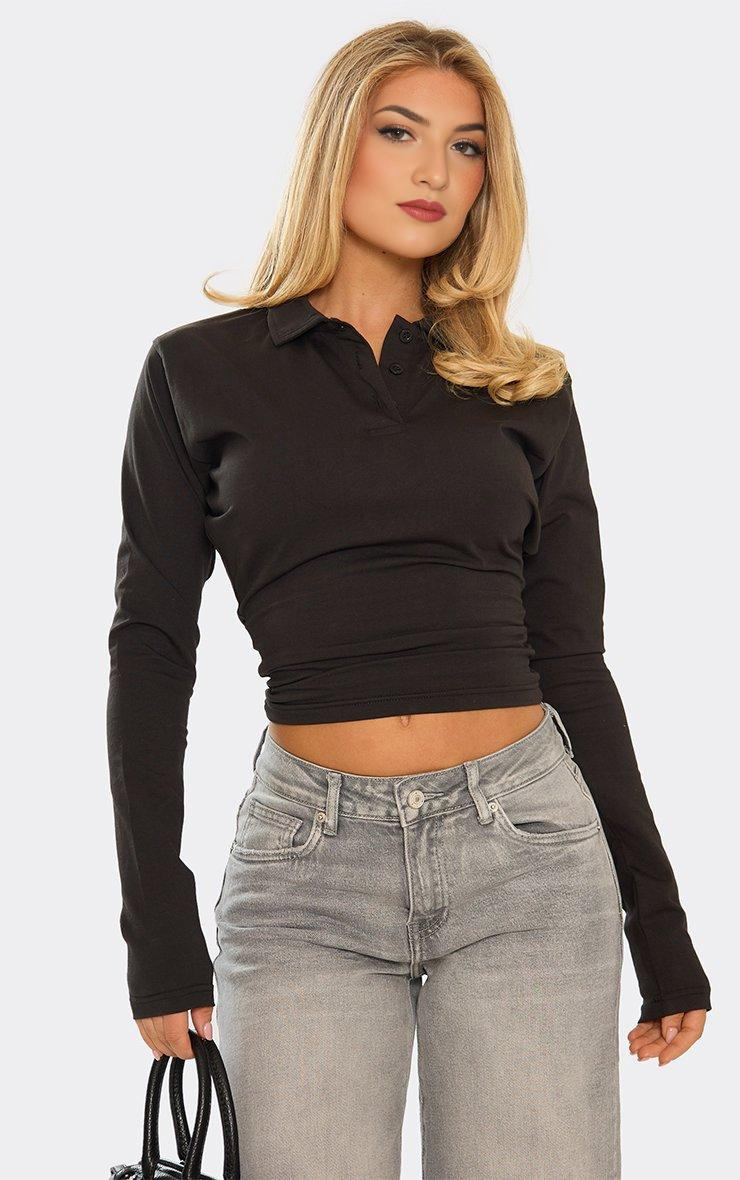 Long Sleeve Cinched Waist Button Down Polo Top In Black