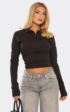 Long Sleeve Cinched Waist Button Down Polo Top In Black