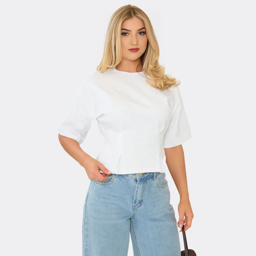 Short Sleeve Pleated Cinched Waist Detail Top – White