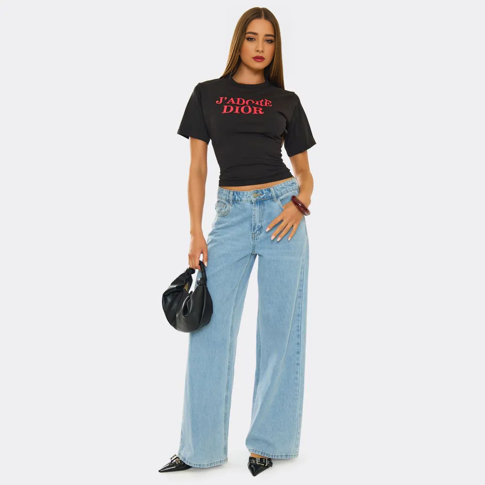 Short Sleeve Cinched Waist Logo Graphic T-Shirt In Black