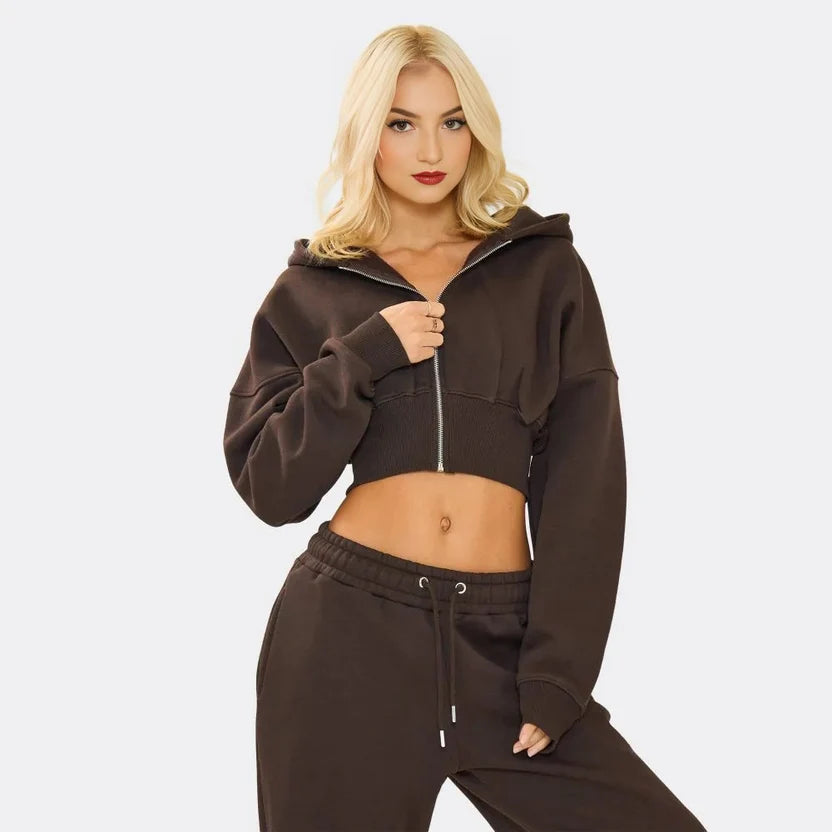 Zip-Up Cropped Hoodie & Wide-Leg Jogger Set