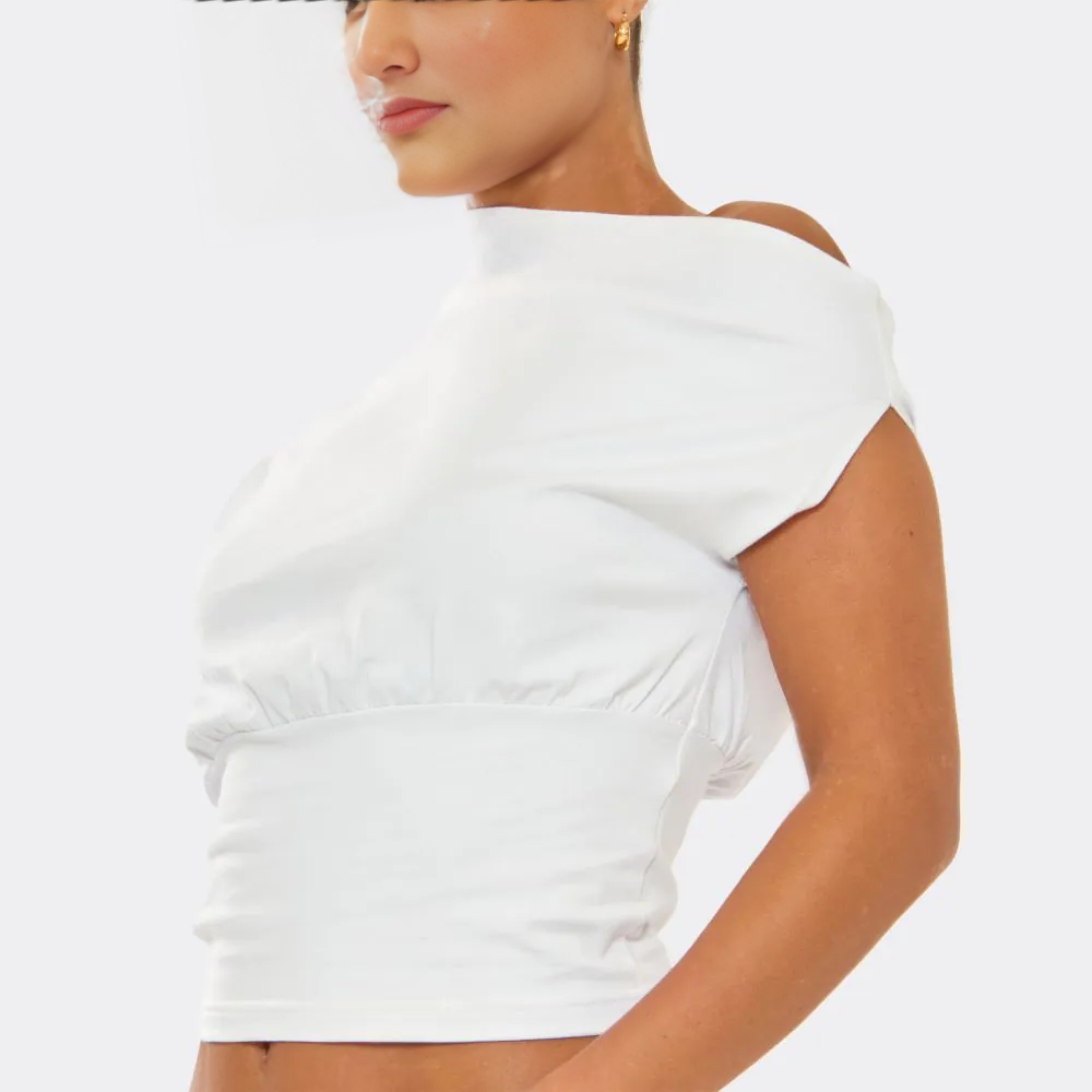 Slash Neck Cinched Waist Detail T-Shirt – White