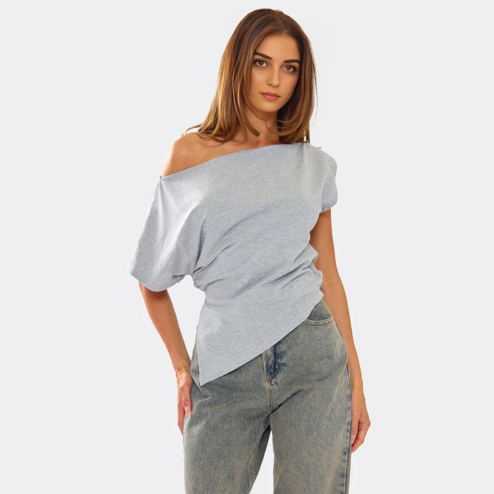 Slash Neck Asymmetric Dipped Hem T-Shirt In Grey