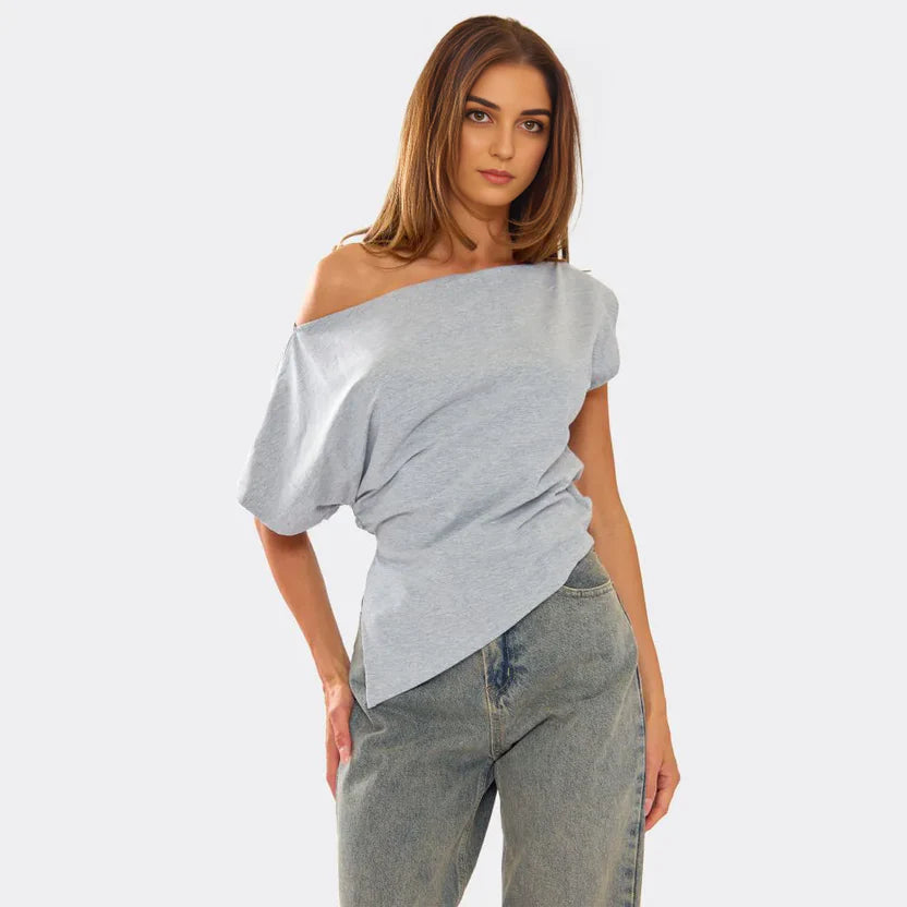 Slash Neck Asymmetric Dipped Hem T-Shirt