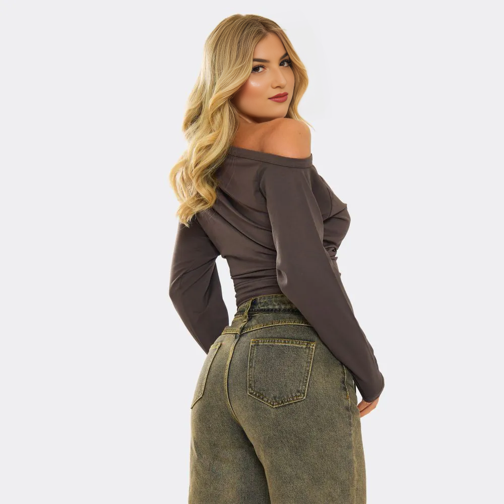 Slash Neck Long Sleeve Cinched Waist Detail T-Shirt In Brown