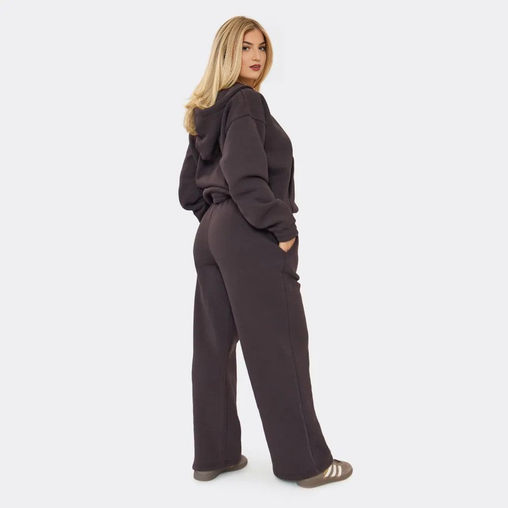 Chocolate Brown Embroidered Swirl Logo Zip Up Hoodie & Wide Leg Joggers Set