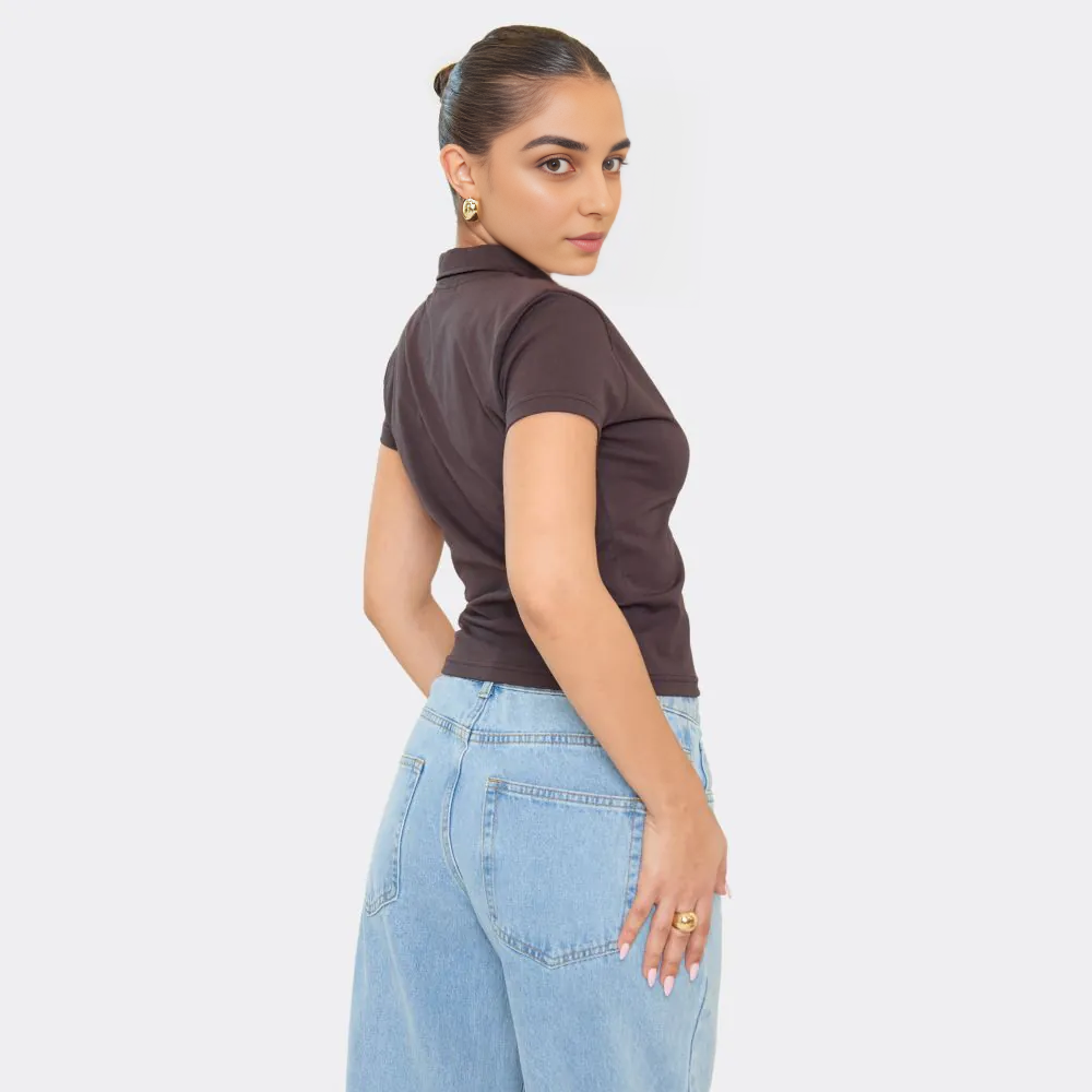 Short Sleeve Button Down T-Shirt In Chocolate Brown