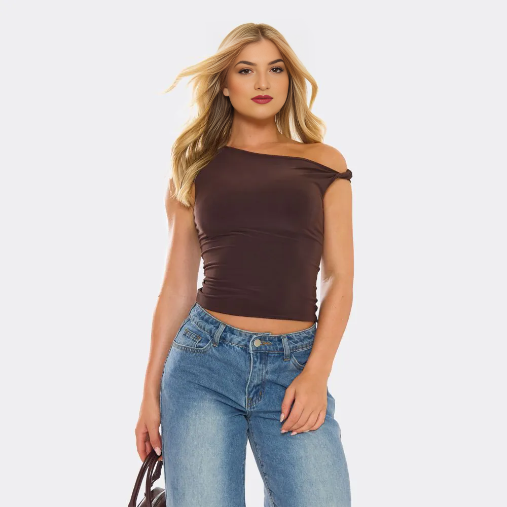 Twist Strap Detail Top In Brown Slinky