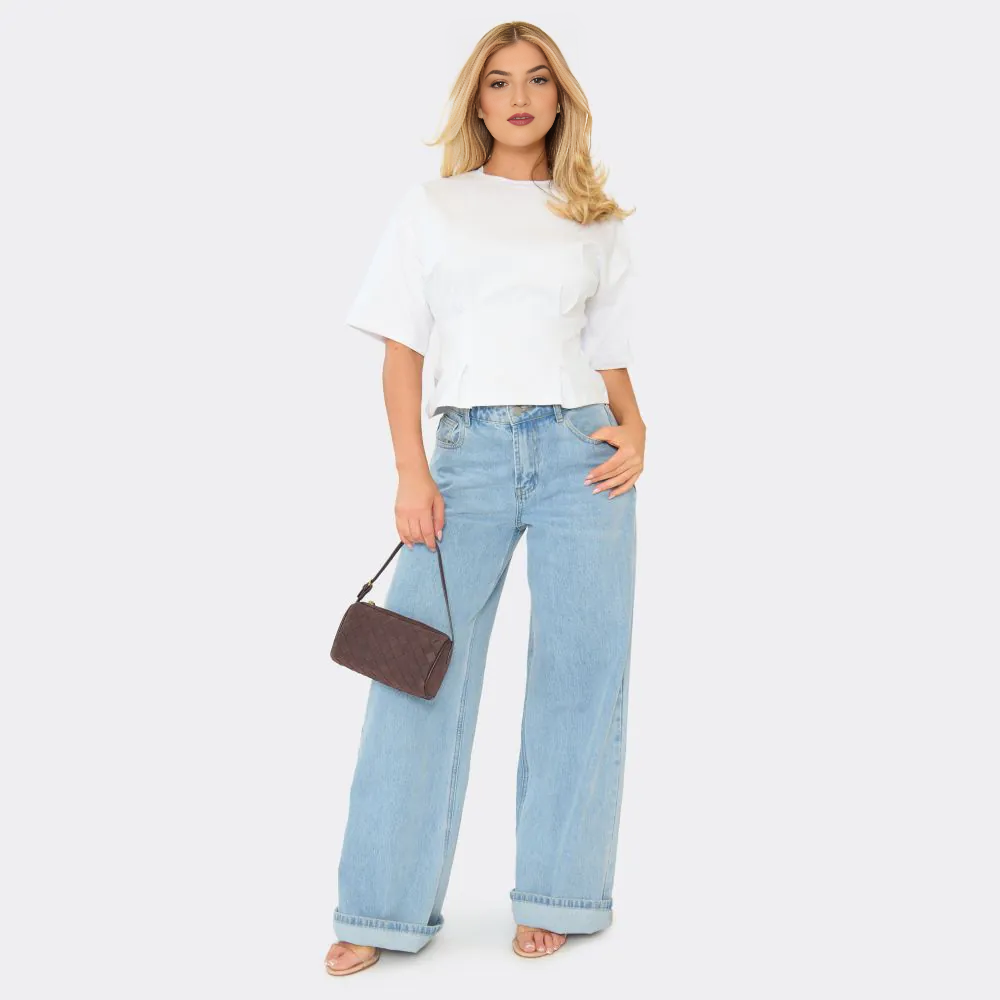 Short Sleeve Pleated Cinched Waist Detail Top – White
