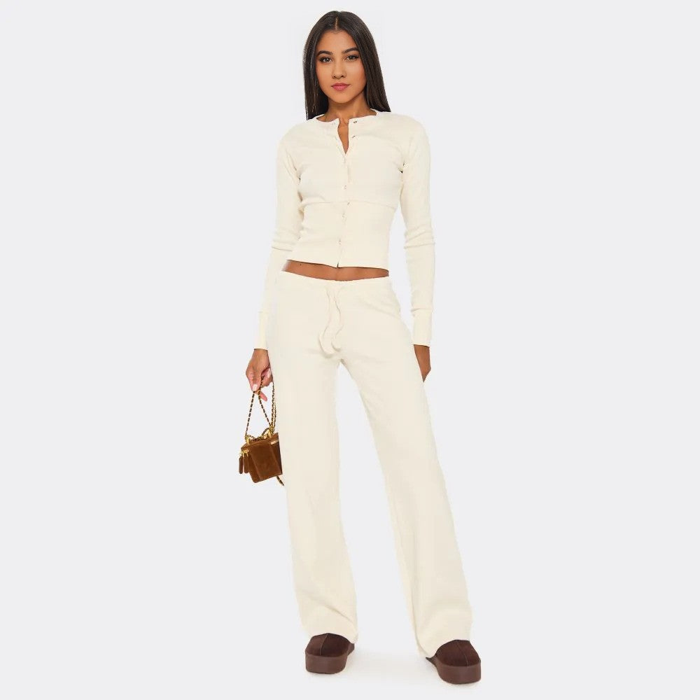 Cream Ribbed Button-Up Top & Straight Leg Trousers Set