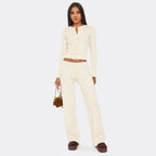Cream Ribbed Button-Up Top & Straight Leg Trousers Set