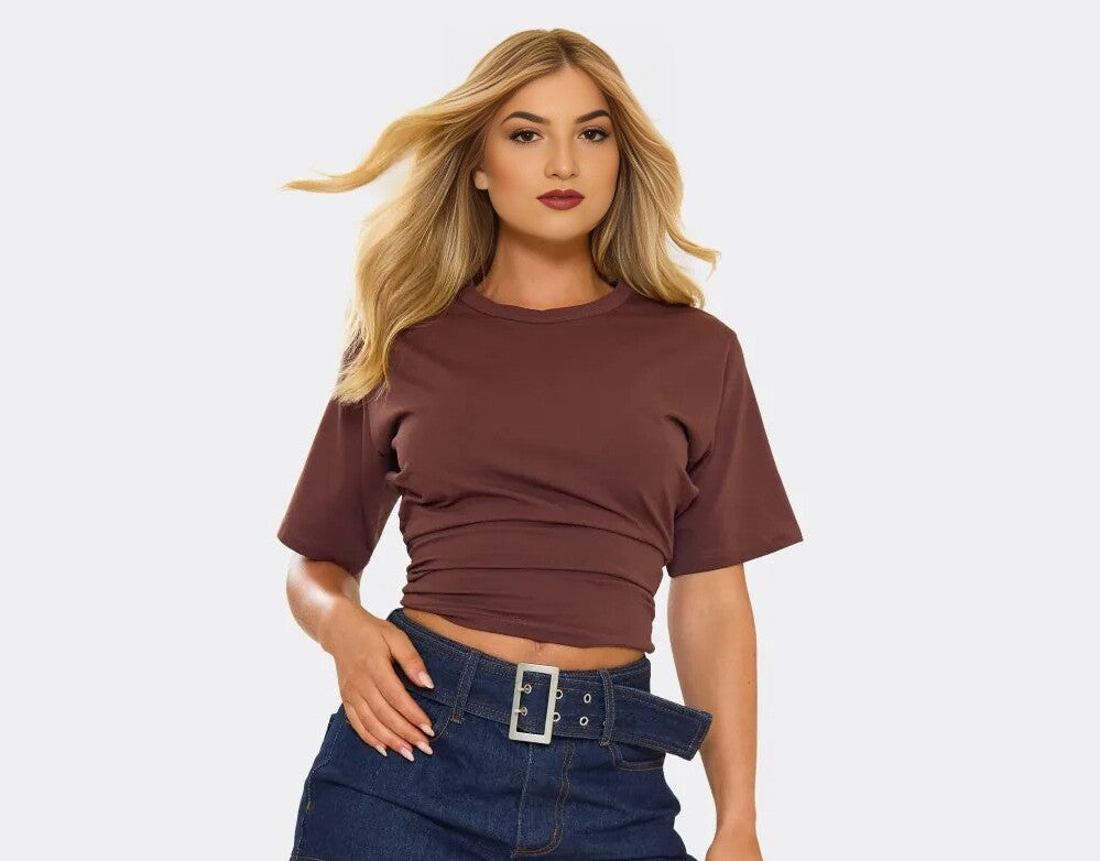 Short Sleeve Shaped Waist Fitted T-Shirt In Brown