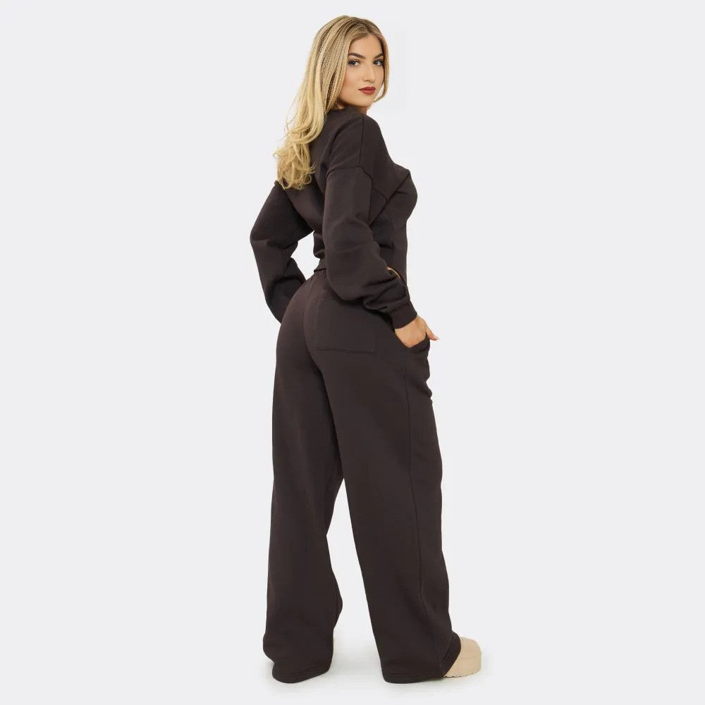 Chocolate Brown Balloon Sleeve Sweatshirt & Wide Leg Joggers Set