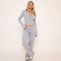 Grey Ribbed Button-Up Top & Straight Leg Trousers Set